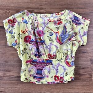 Maeve Anthropologie Silk Blouse Floral Exotic Green Cottagecore Size 0 Petite